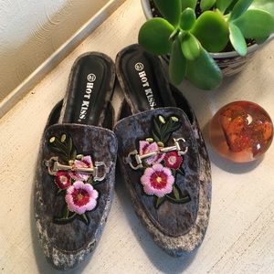 Embroidered Velour Flats